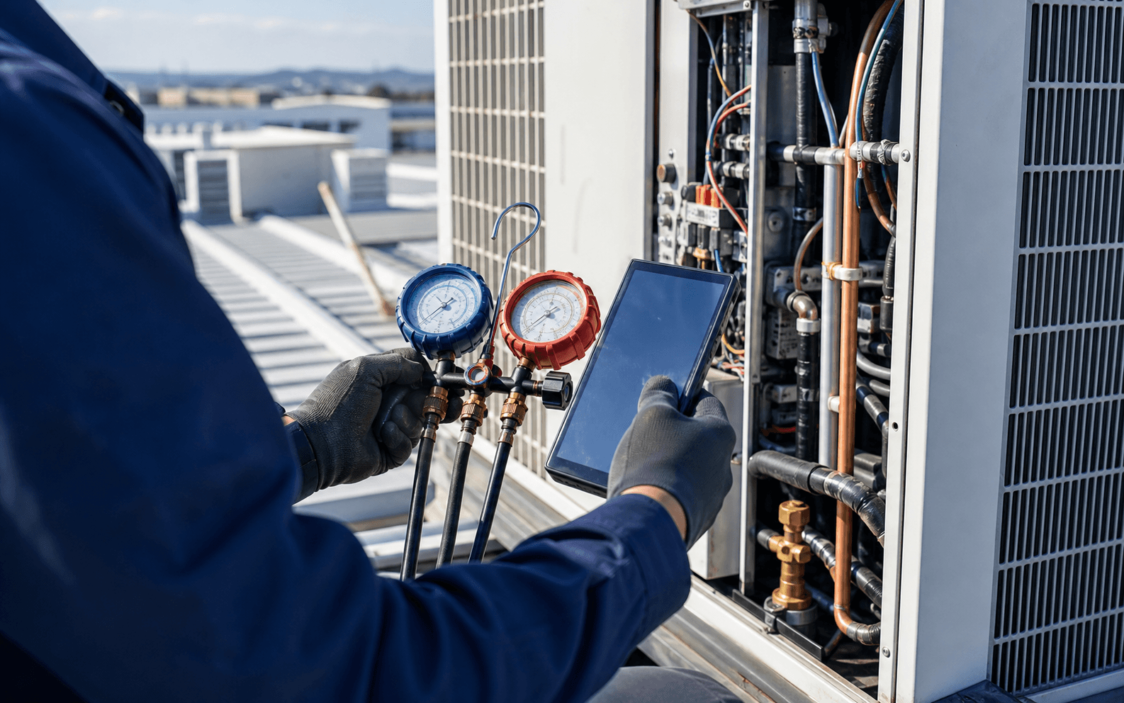 Technician diagnostics on VRV rooftop HVAC equipment
